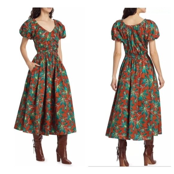 Ulla Johnson Cecile Midi Dress Tropical in Moon Flower Print size 2 puff sleeve - Picture 3 of 16